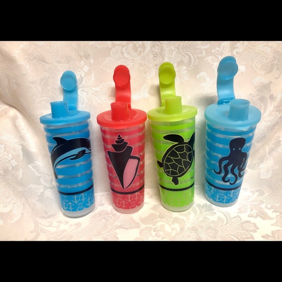 NWOT Tupperware Tumblers with Flip-Top Seal, Sea Animals Pint, 16 oz capacities - Picture 2 of 4